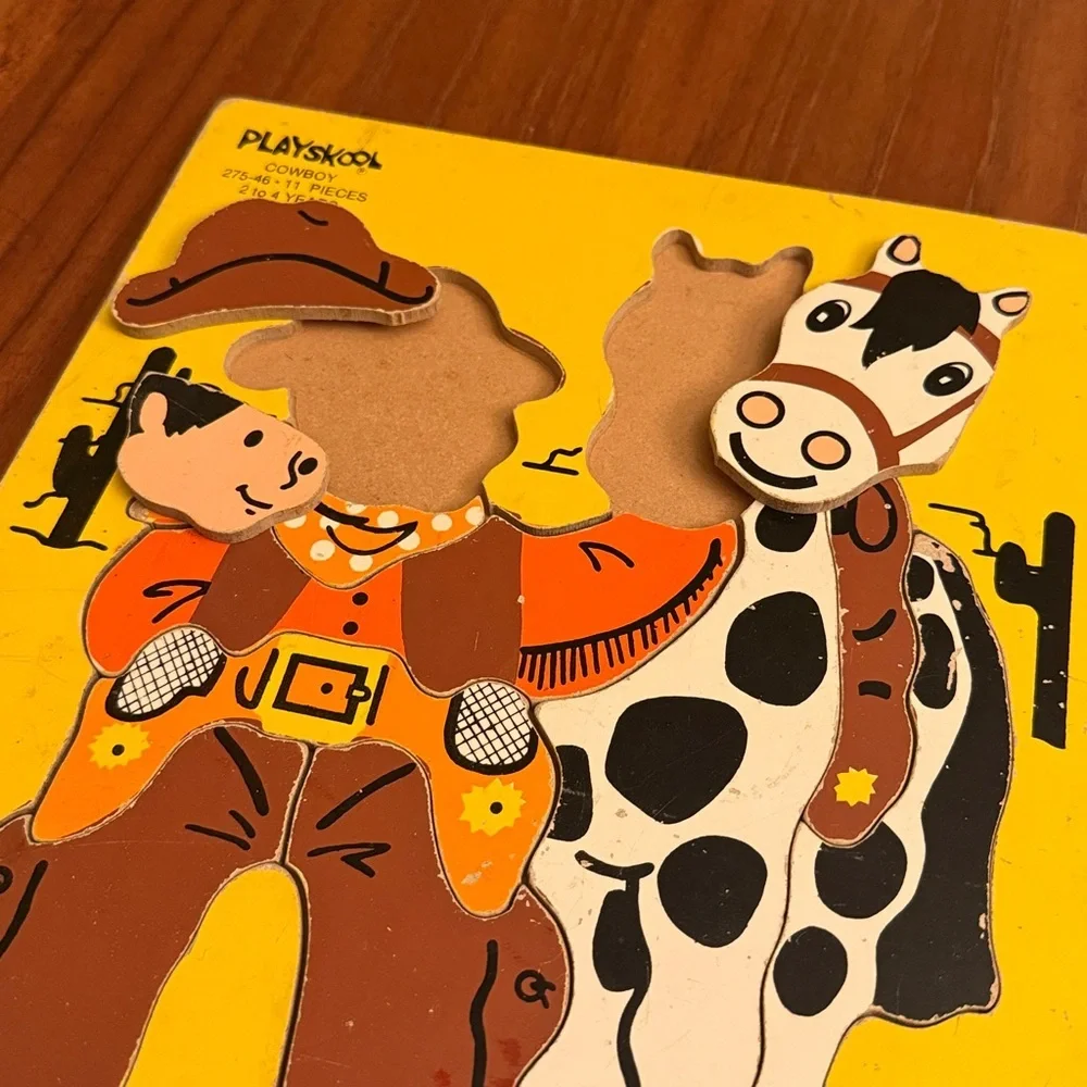 Vintage Playskool Wood Wooden First Puzzle Preschool Large Piece Set of 2 Cowboy